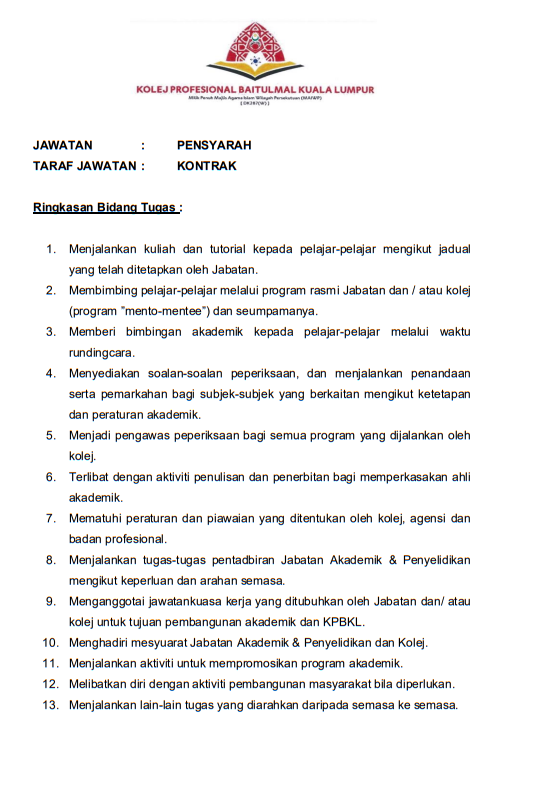 Jawatan kosong di Kolej Profesional Baitulmal (KPM)