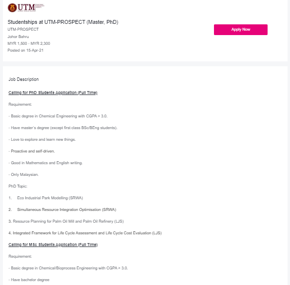 Jawatan kosong di Universiti Teknologi Malaysia (UTM) 1 Jawatan kosong di Universiti Teknologi Malaysia (UTM)