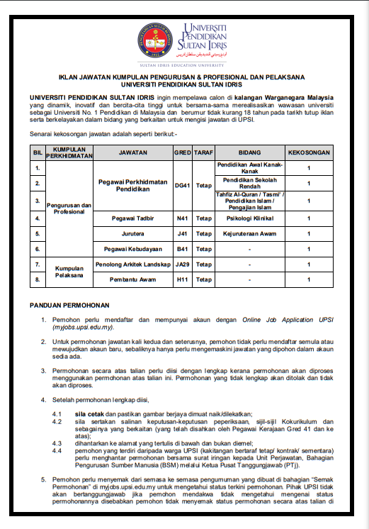 Jawatan kosong di Universiti Pendidikan Sultan Idris (UPSI) 1 Jawatan kosong di Universiti Pendidikan Sultan Idris (UPSI)