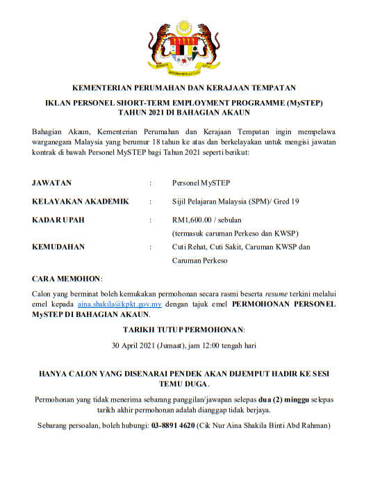 Jawatan kosong di Kementrian Perumahan Dan Kerajaan Tempatan 1 Jawatan kosong di Kementrian Perumahan Dan Kerajaan Tempatan