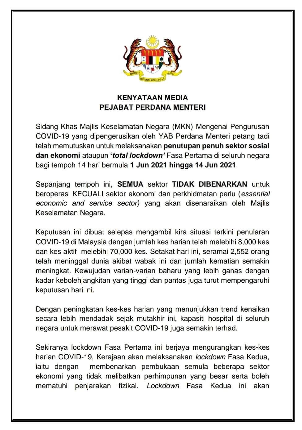 Total Lockdown seluruh negara Malaysia 1 Jun sehingga 14 Jun 1