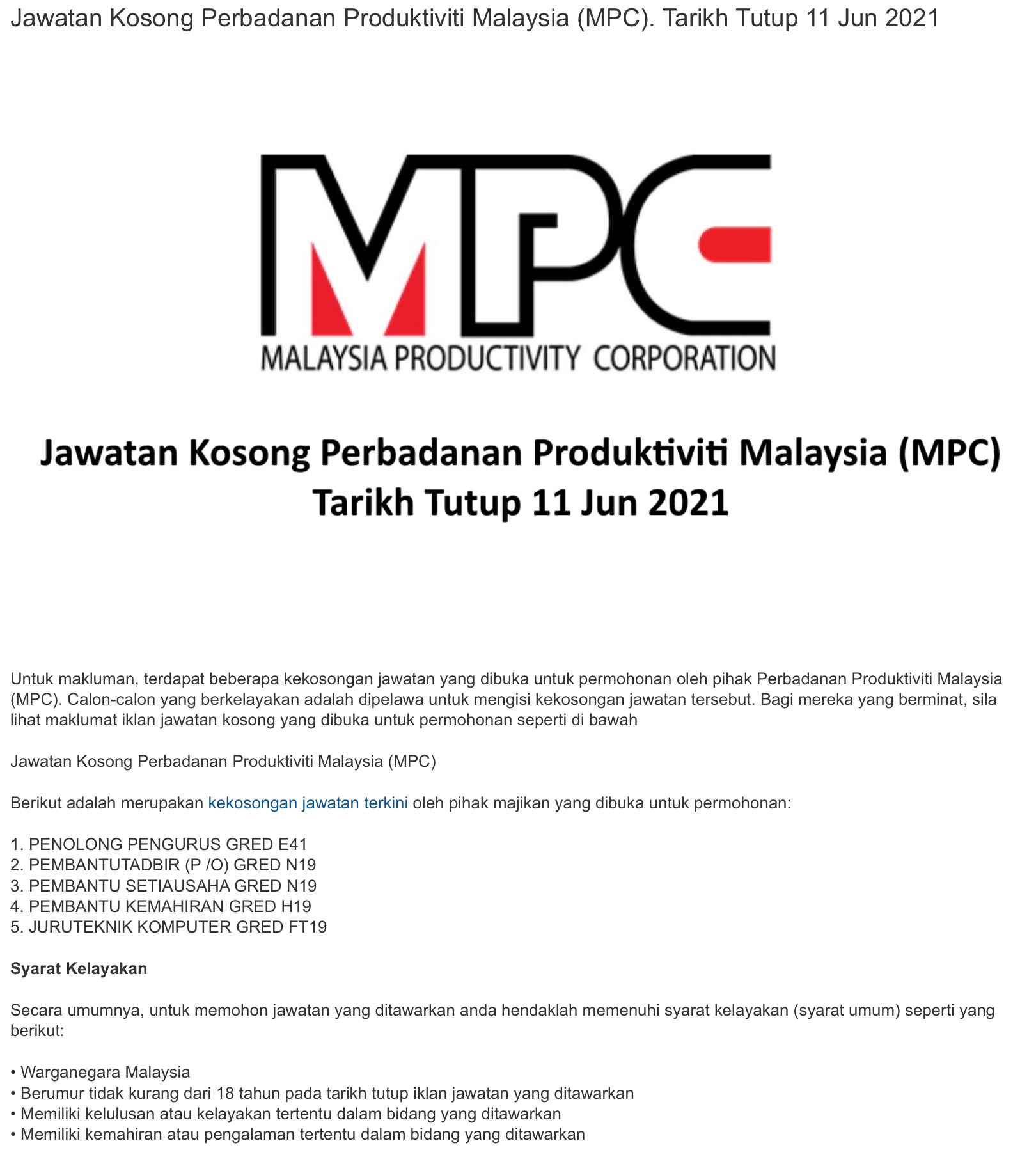 Jawatan Kosong Di Perbadanan Produktiviti Malaysia 1 Jawatan Kosong Di Perbadanan Produktiviti Malaysia