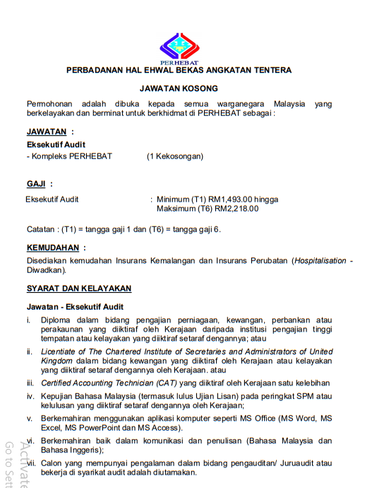 Jawatan kosong di Perbadanan Hal Ehwal Bekas Anggota Tentera ( PERHEBAT)