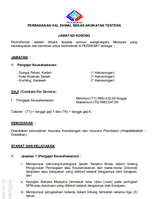 Jawatan kosong di Perbadanan Hal Ehwal Bekas Anggota Tentera ( PERHEBAT) 2 Jawatan kosong di Perbadanan Hal Ehwal Bekas Anggota Tentera ( PERHEBAT)