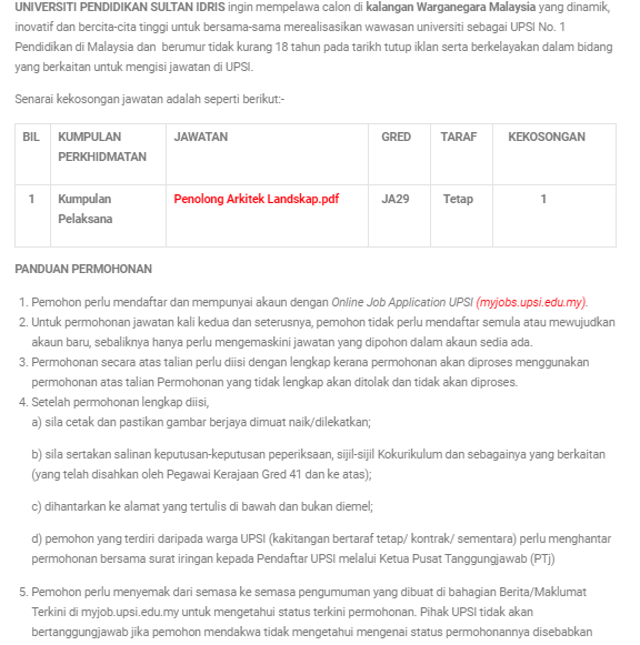 Jawatan kosong Universiti Pendidikan Sultan Idris (UPSI)