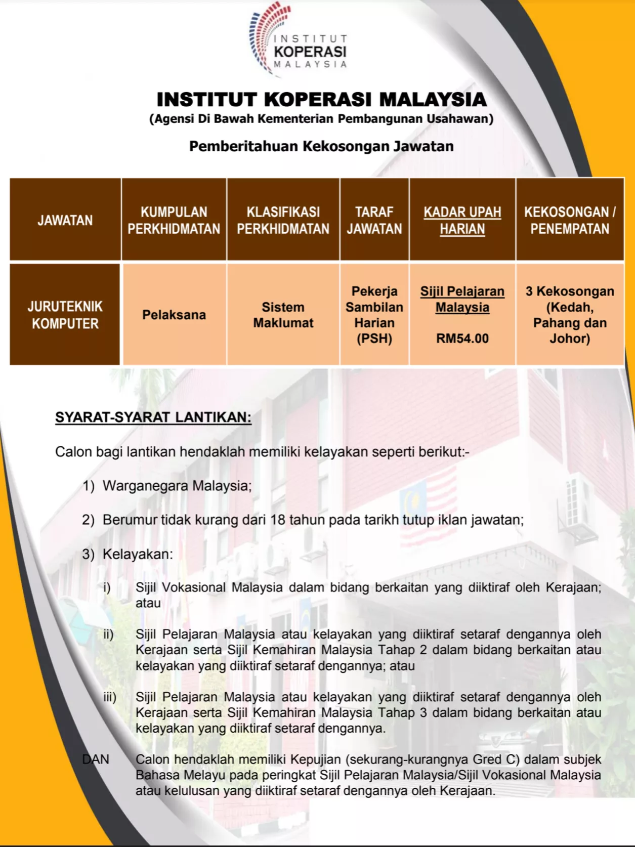 Kerja Kosong di Institut Koperasi Malaysia 1 Kerja Kosong di Institut Koperasi Malaysia