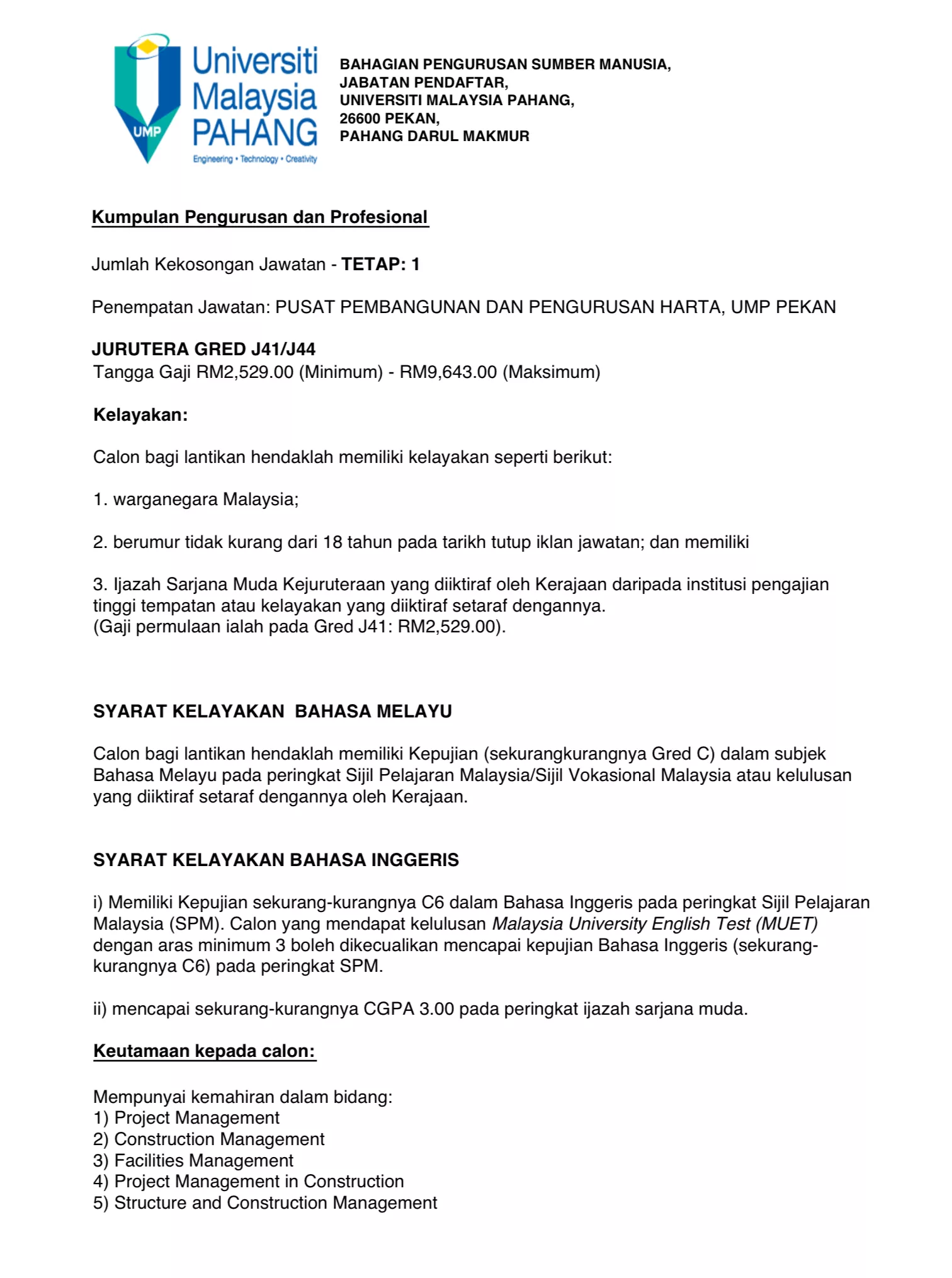 Kerja Kosong di Universiti Malaysia Pahang (UMP) 4 Kerja Kosong di Universiti Malaysia Pahang (UMP)