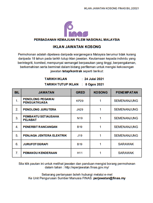 Kerja Kosong di Perbadanan Kemajuan Filem Nasional (FINAS)