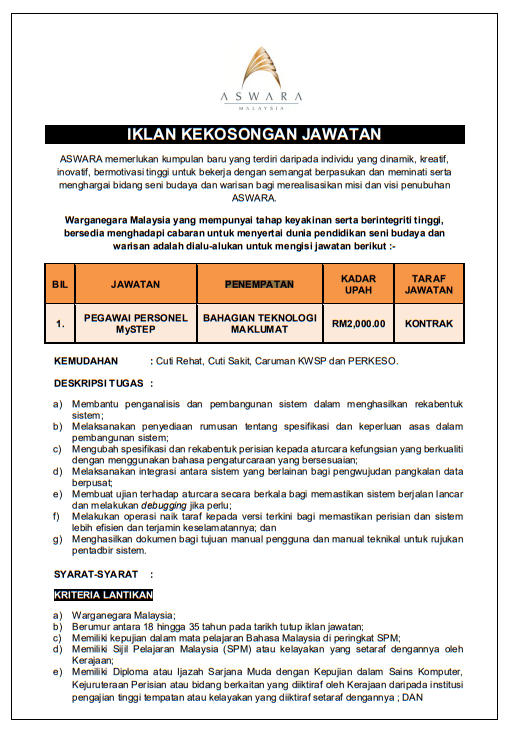 kekosongan Jawatan Di Akademi Seni Budaya dan Warisan Kebangsaan (ASWARA)