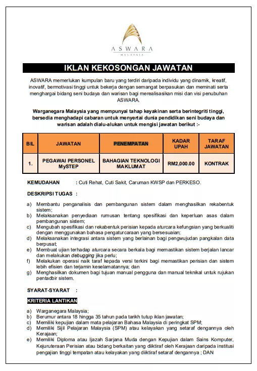 kekosongan Jawatan Di Akademi Seni Budaya dan Warisan Kebangsaan (ASWARA)