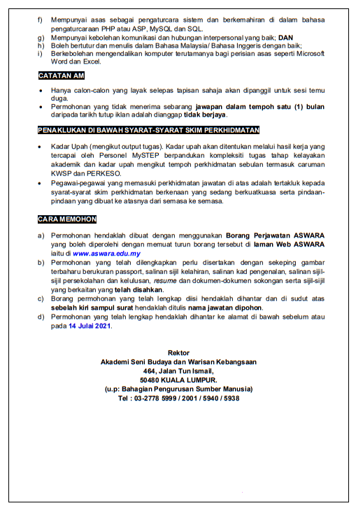 kekosongan Jawatan Di Akademi Seni Budaya Dan Warisan Kebangsaan (ASWARA)