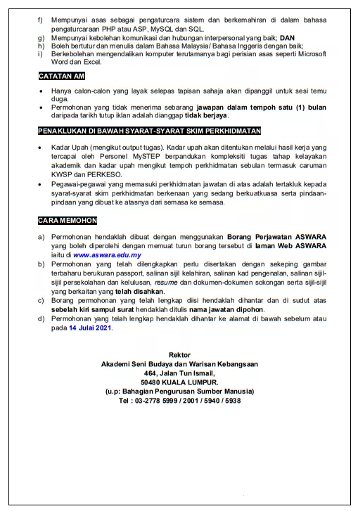kekosongan Jawatan Di Akademi Seni Budaya Dan Warisan Kebangsaan (ASWARA) 2 kekosongan Jawatan Di Akademi Seni Budaya Dan Warisan Kebangsaan (ASWARA)