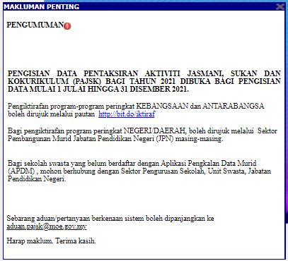 PAJSK LOGIN SISTEM PENTAKSIRAN AKTIVITI JASMANI 1 pajsk