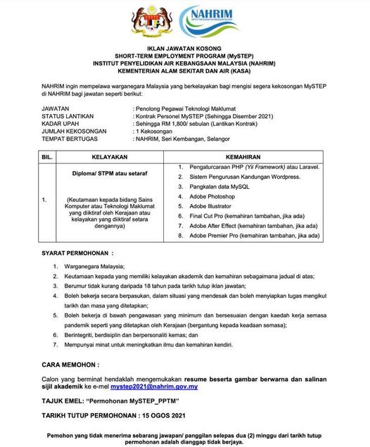 Kerja Kosong di Institut Penyelidikan Air Kebangsaan Malaysia (NAHRIM)
