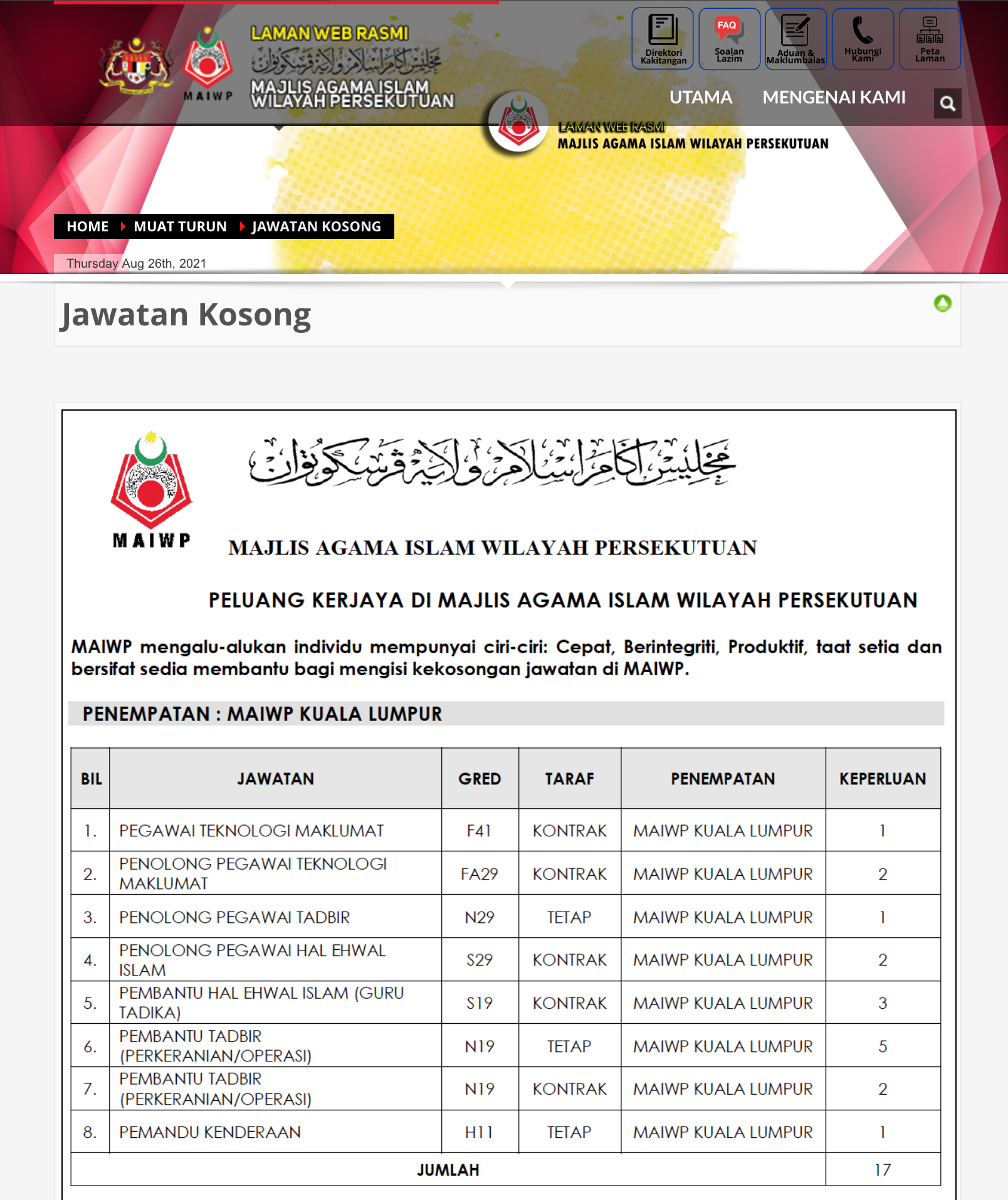 Kerja Kosong Di Majlis Agama Islam Wilayah Persekutuan (MAIWP)