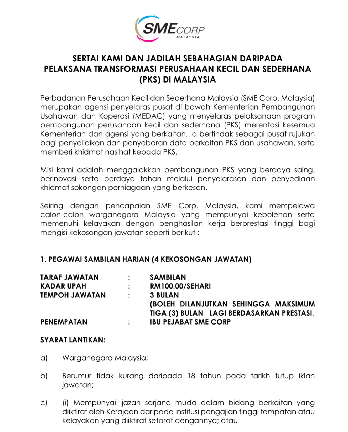 Kerja Kosong Di SME Corporation Malaysia