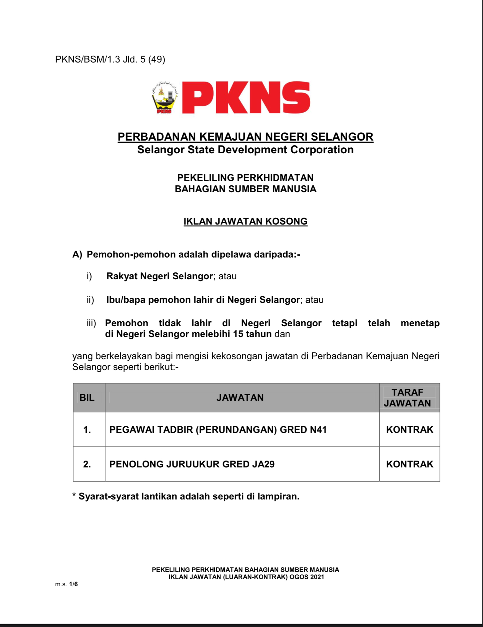 Kerja Kosong Di Perbadanan Kemajuan Negeri Selangor (PKNS) 1
