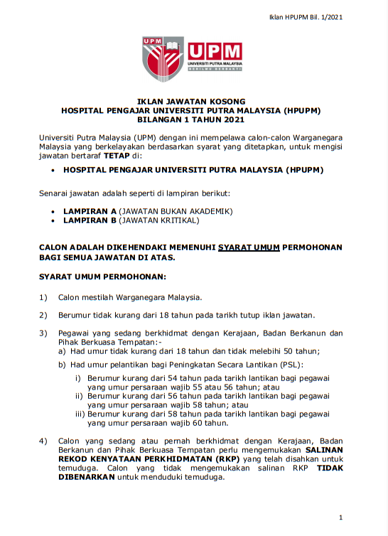 Kerja Kosong di Hospital Pengajar Universiti Putra Malaysia 
