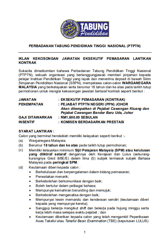 Kerja Kosong di Perbadanan Tabung Pendidikan Tinggi Nasional (PTPTN)