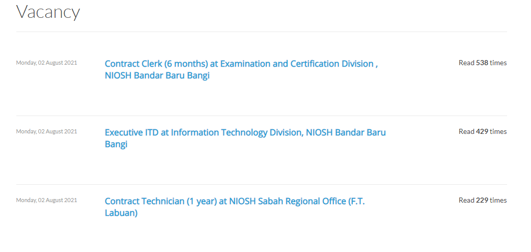 Kerja Kosong di Institut Keselamatan Dan Kesihatan Pekerjaan (NIOSH)