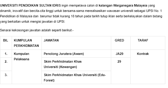 Kerja Kosong di Universiti Pendidikan Sultan Idris (UPSI)