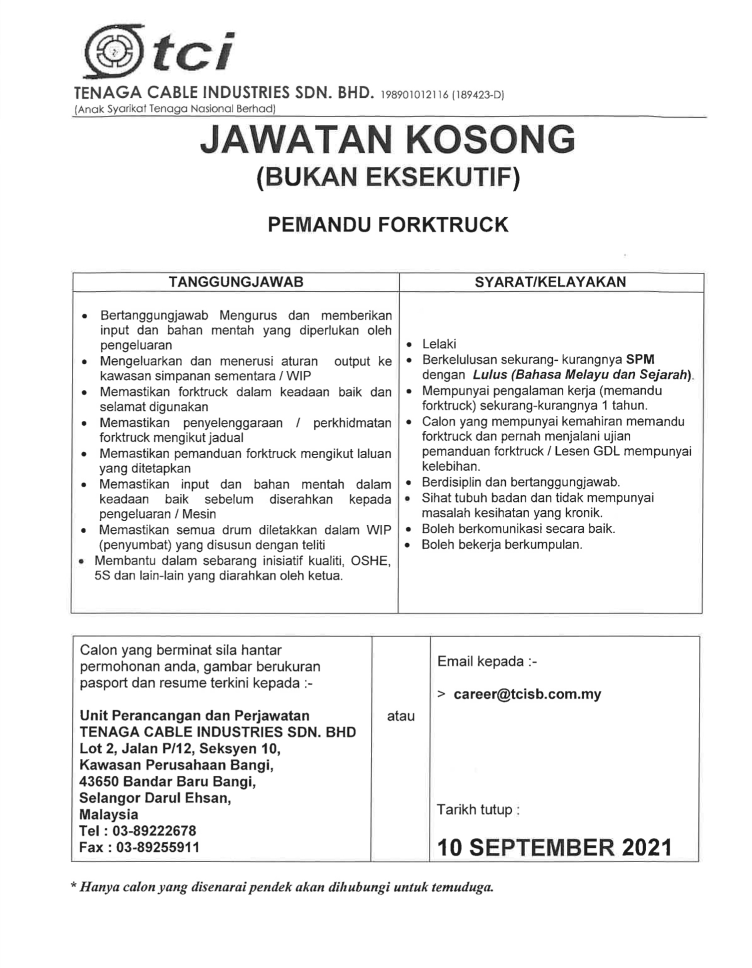 Kerja Kosong Di Tenaga Cable Industries (TCI) 1 Kerja Kosong Di Tenaga Cable Industries
