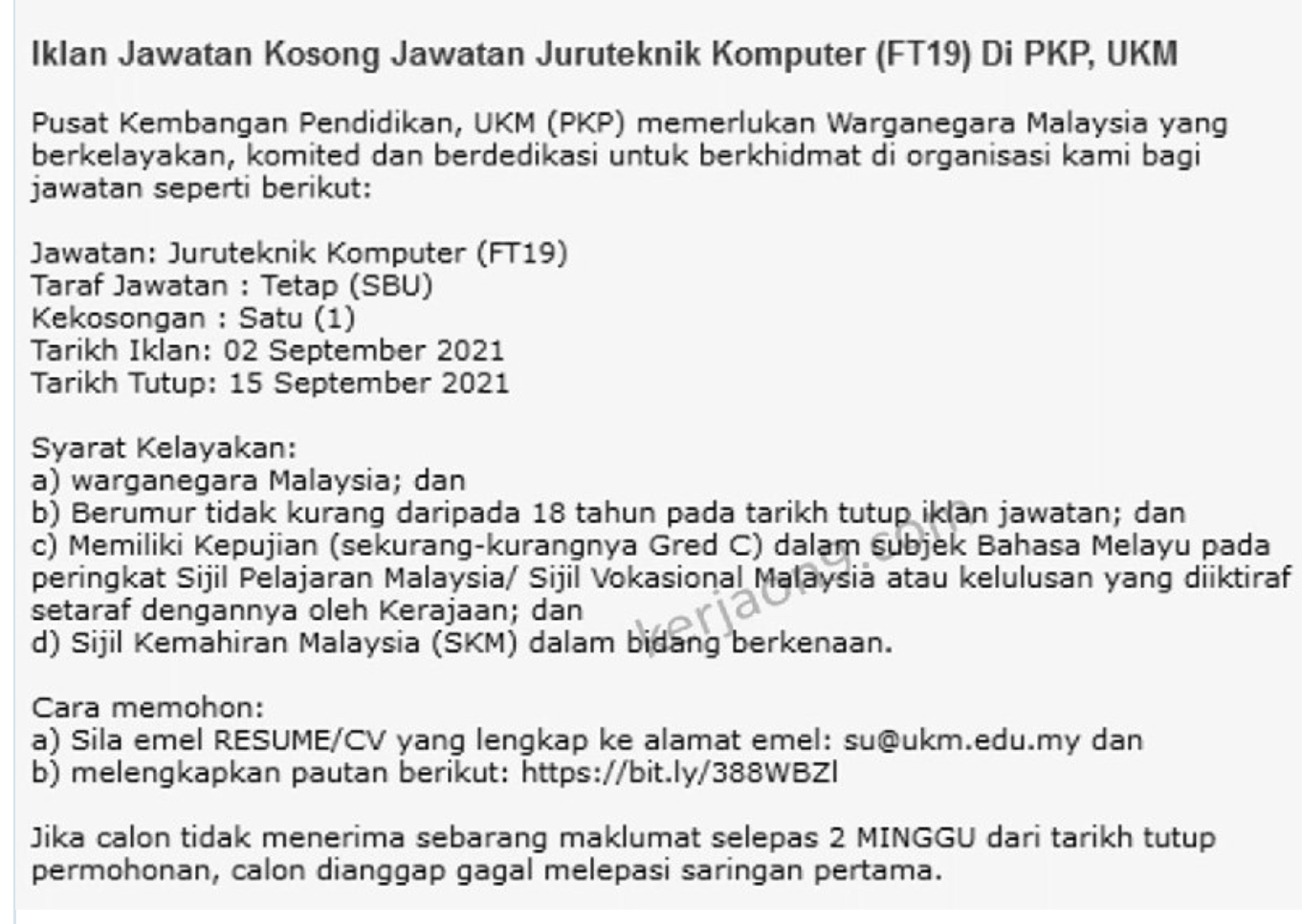 Kerja Kosong Di Pusat Kembangan Pendidikan UKM 