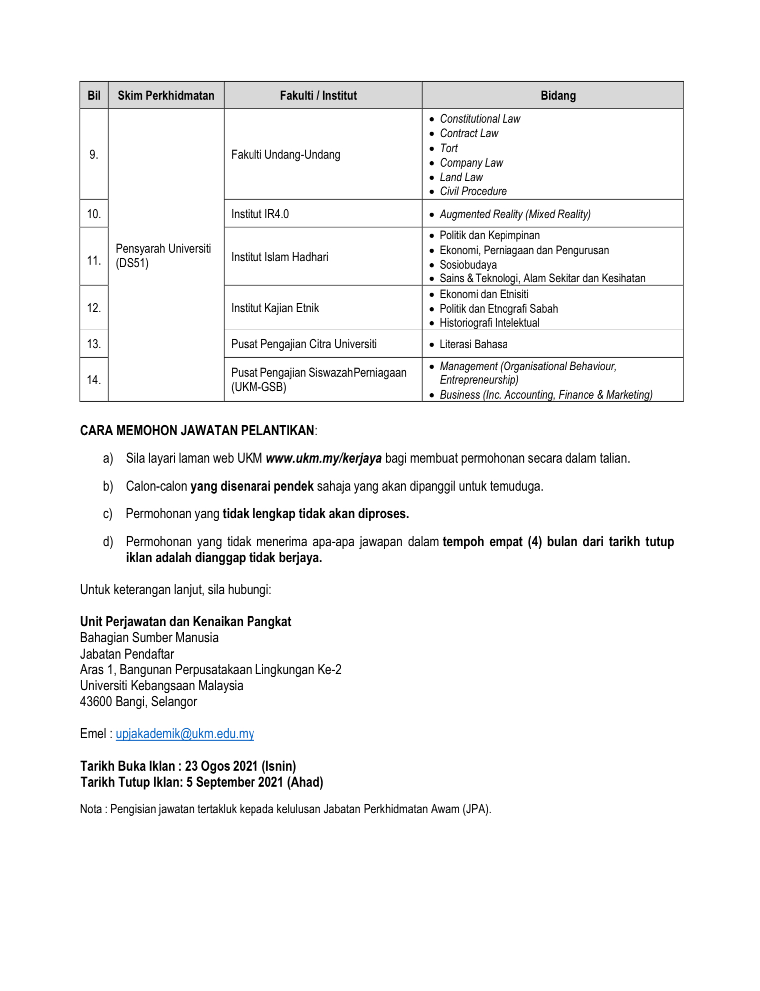 Kerja Kosong Di Universiti Kebangsaan Malaysia 