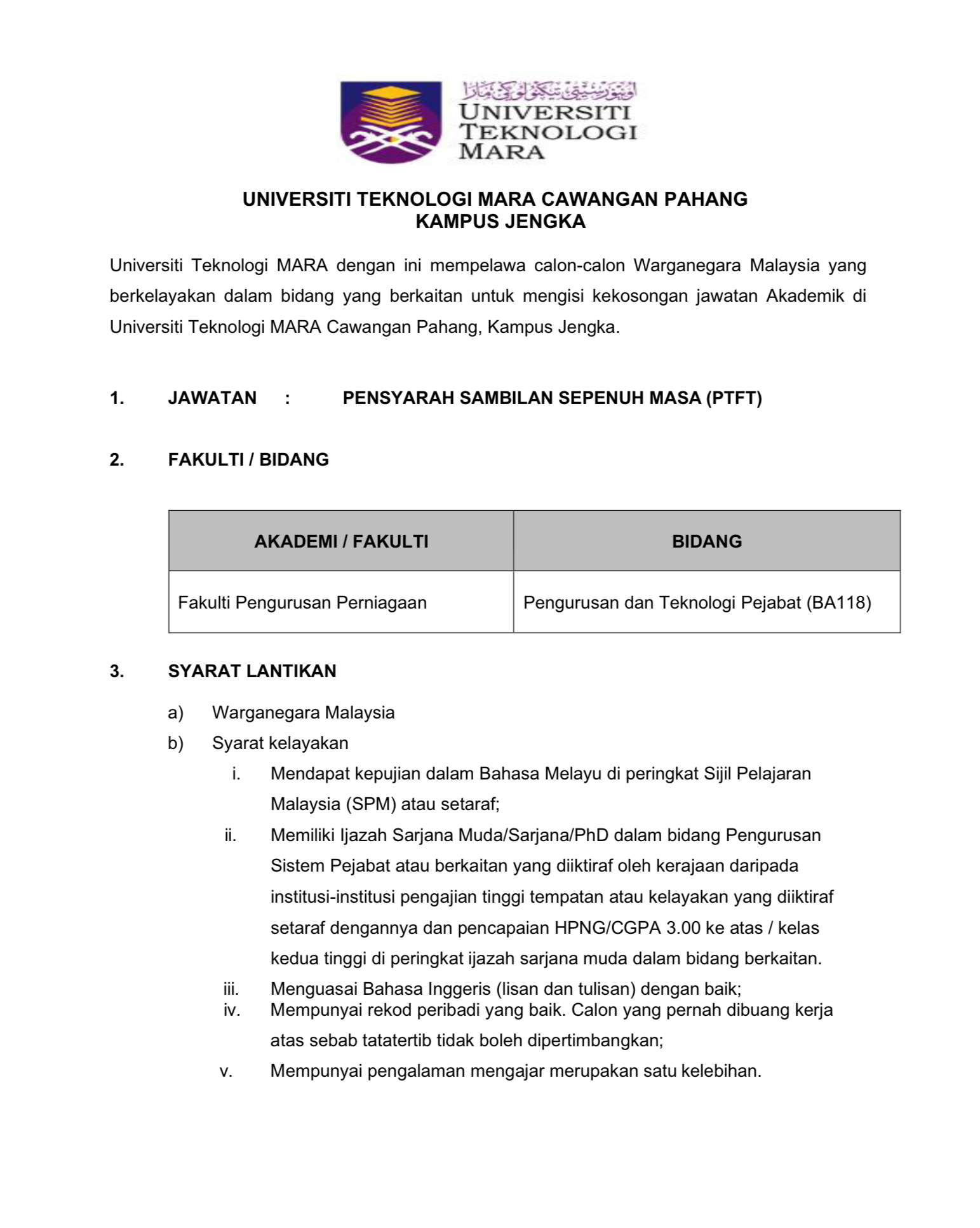 Kerja Kosong Di Universiti Teknologi MARA