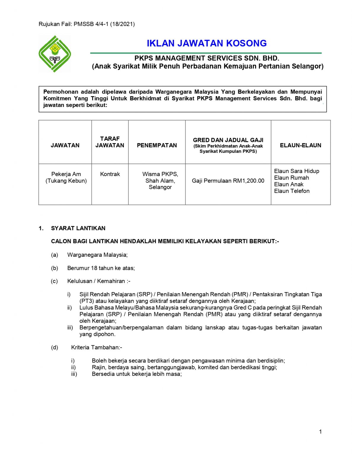 Kerja Kosong di Perbadanan Kemajuan Pertanian Selangor (PKPS) 1 Kerja Kosong di Perbadanan Kemajuan Pertanian Selangor (PKPS)