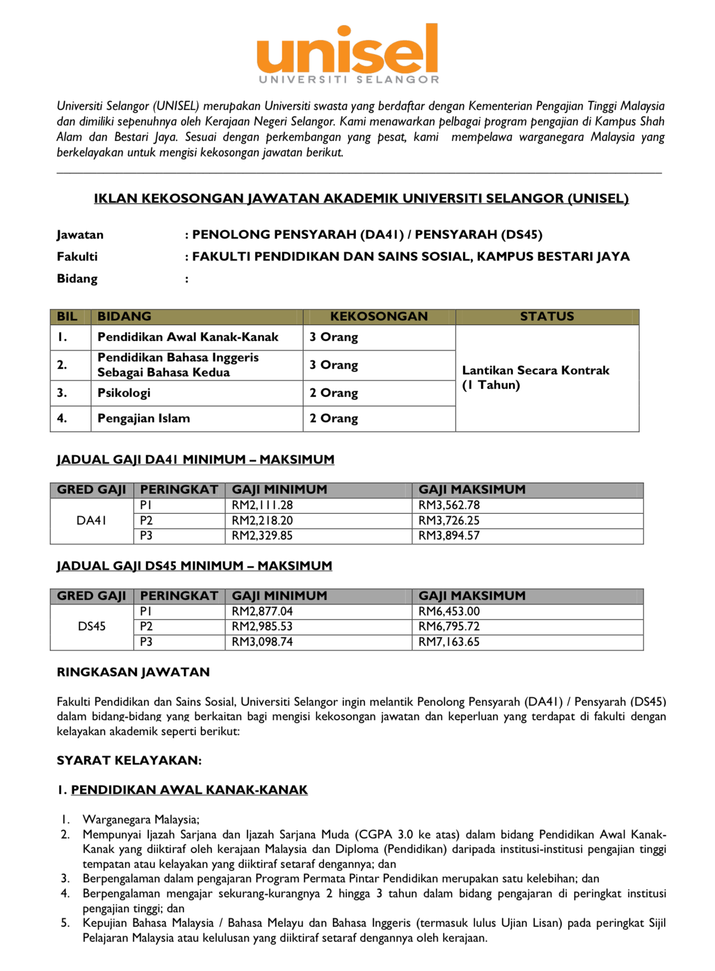 Kerja Kosong Di Universiti Selangor 