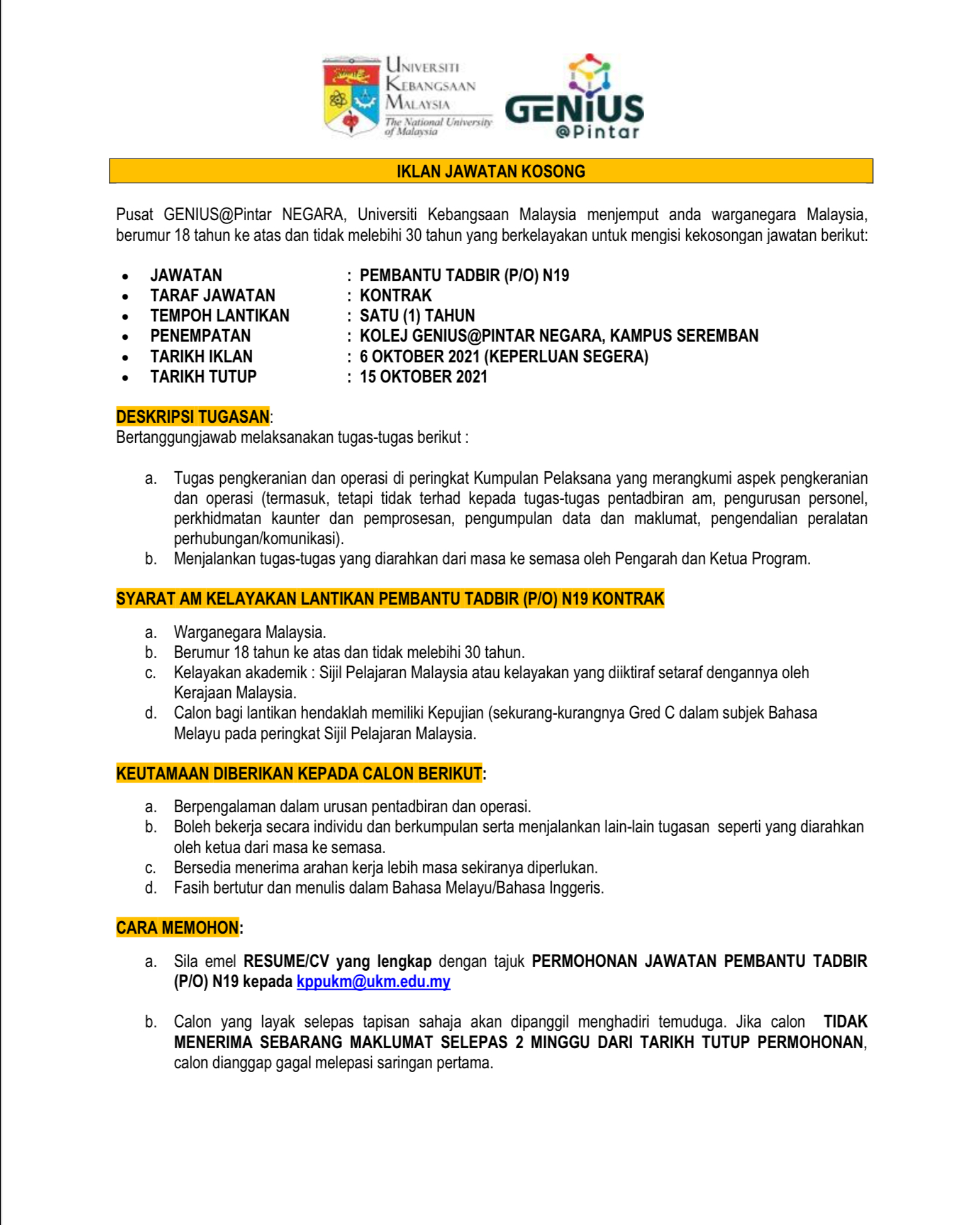 Kerja Kosong Di Pusat GENIUS@Pintar Negara UKM 1 Kerja Kosong Di Pusat GENIUS@Pintar Negara UKM