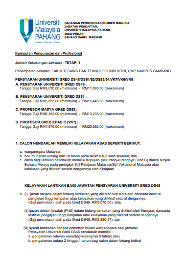 Kerja Kosong di Universiti Malaysia Pahang (UMP) 1 Kerja Kosong di Universiti Malaysia Pahang (UMP)