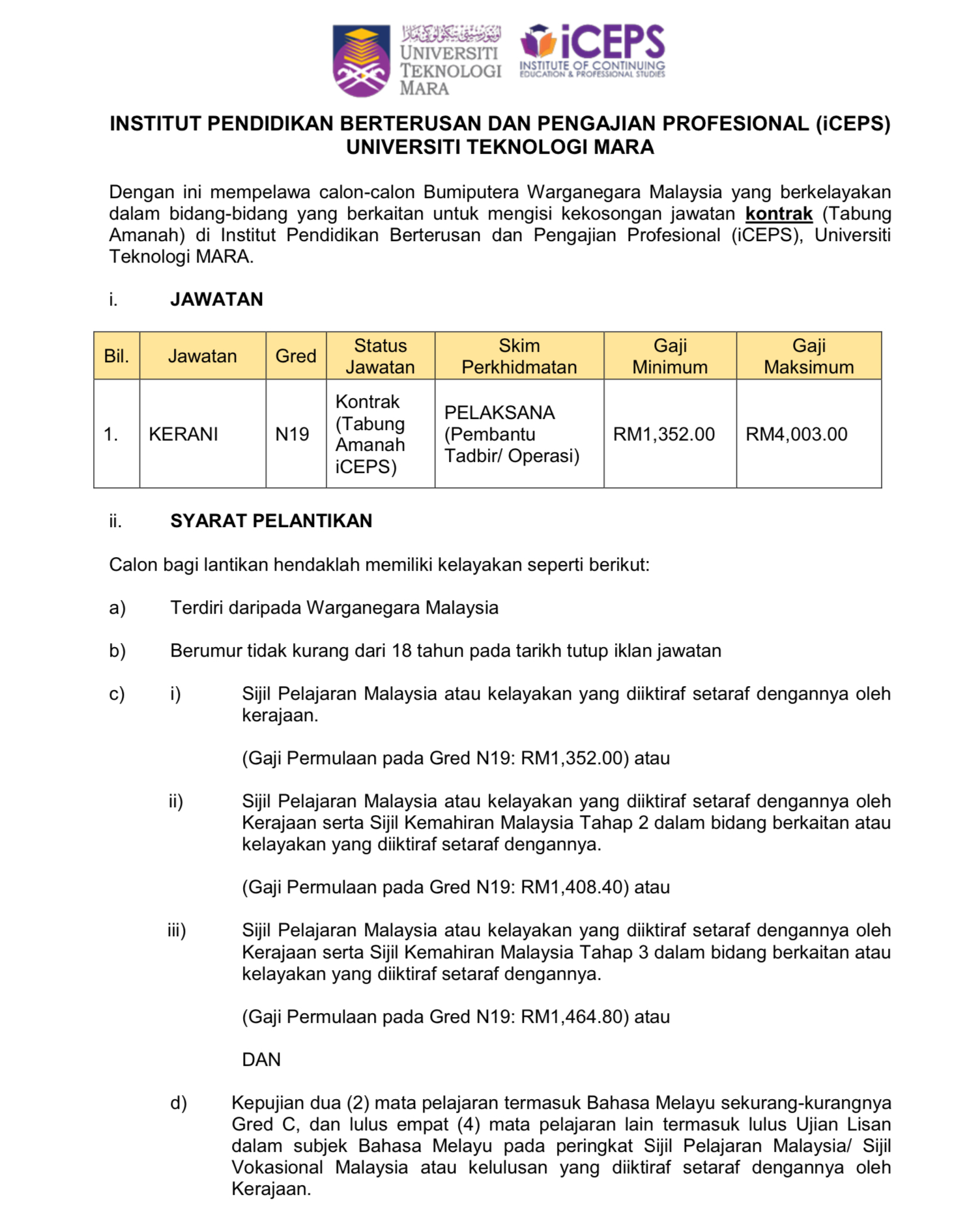 Kerja Kosong Di Universiti Teknologi MARA 