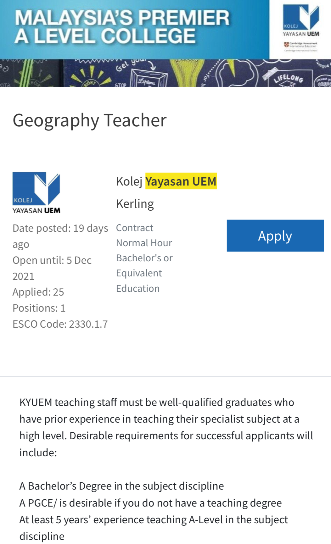Kerja Kosong Di Kolej Yayasan UEM