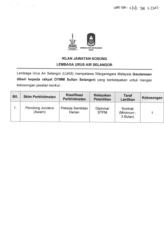Kerja Kosong di Lembaga Urus Air Selangor (LUAS)
