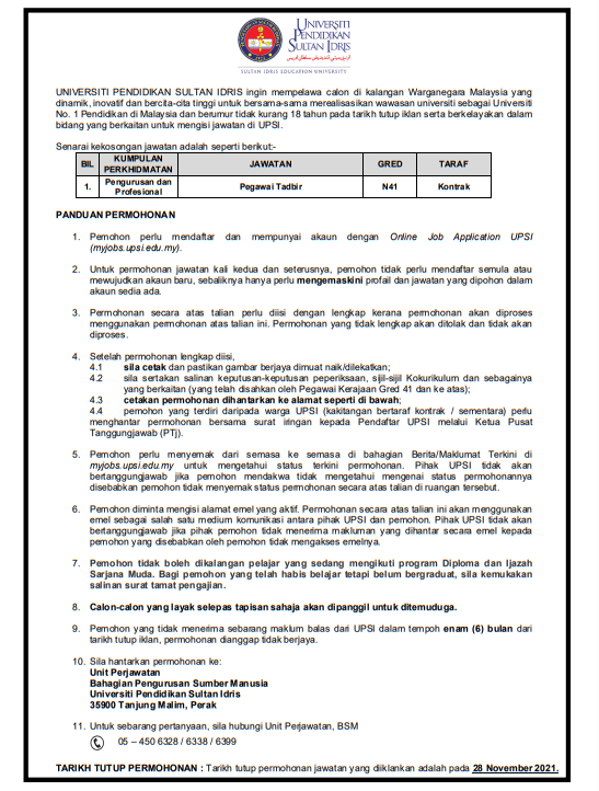 Kerja Kosong di Universiti Pendidikan Sultan Idris (UPSI)