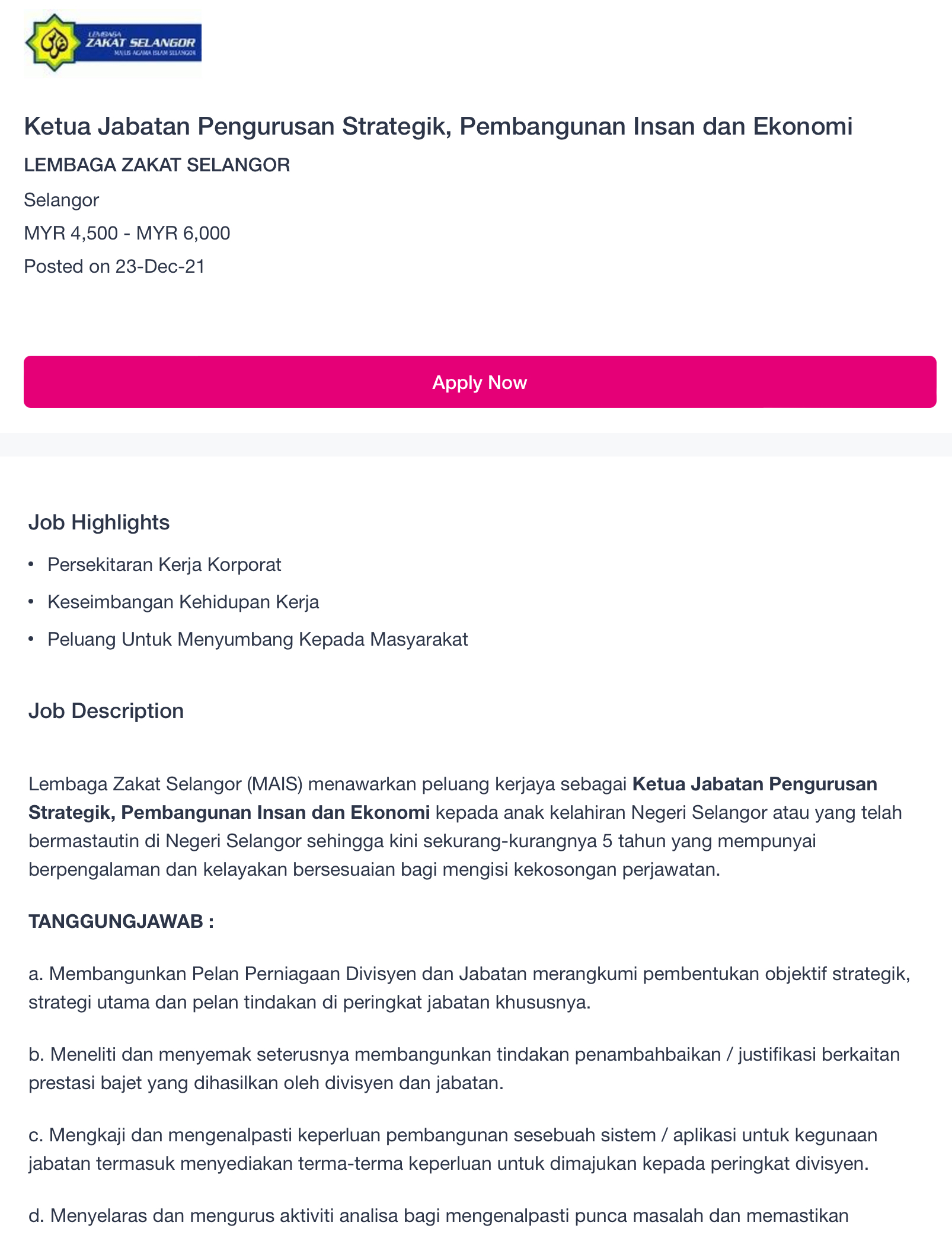 Kerja Kosong Di Lembaga Zakat Selangor 