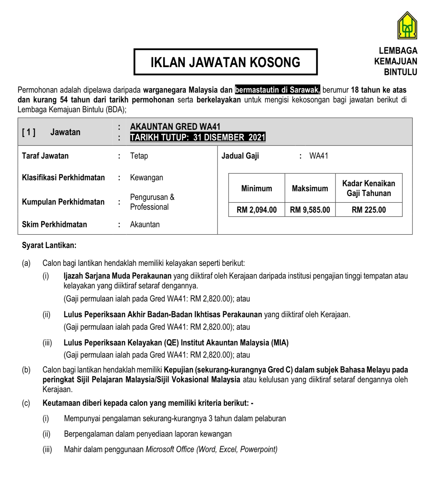 Kerja Kosong Di Lembaga Kemajuan Bintulu 