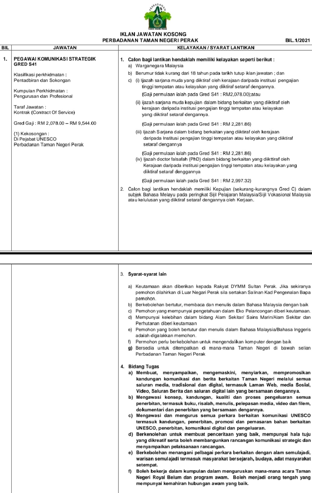 Kerja Kosong Di Perbadanan Taman Negeri Perak
