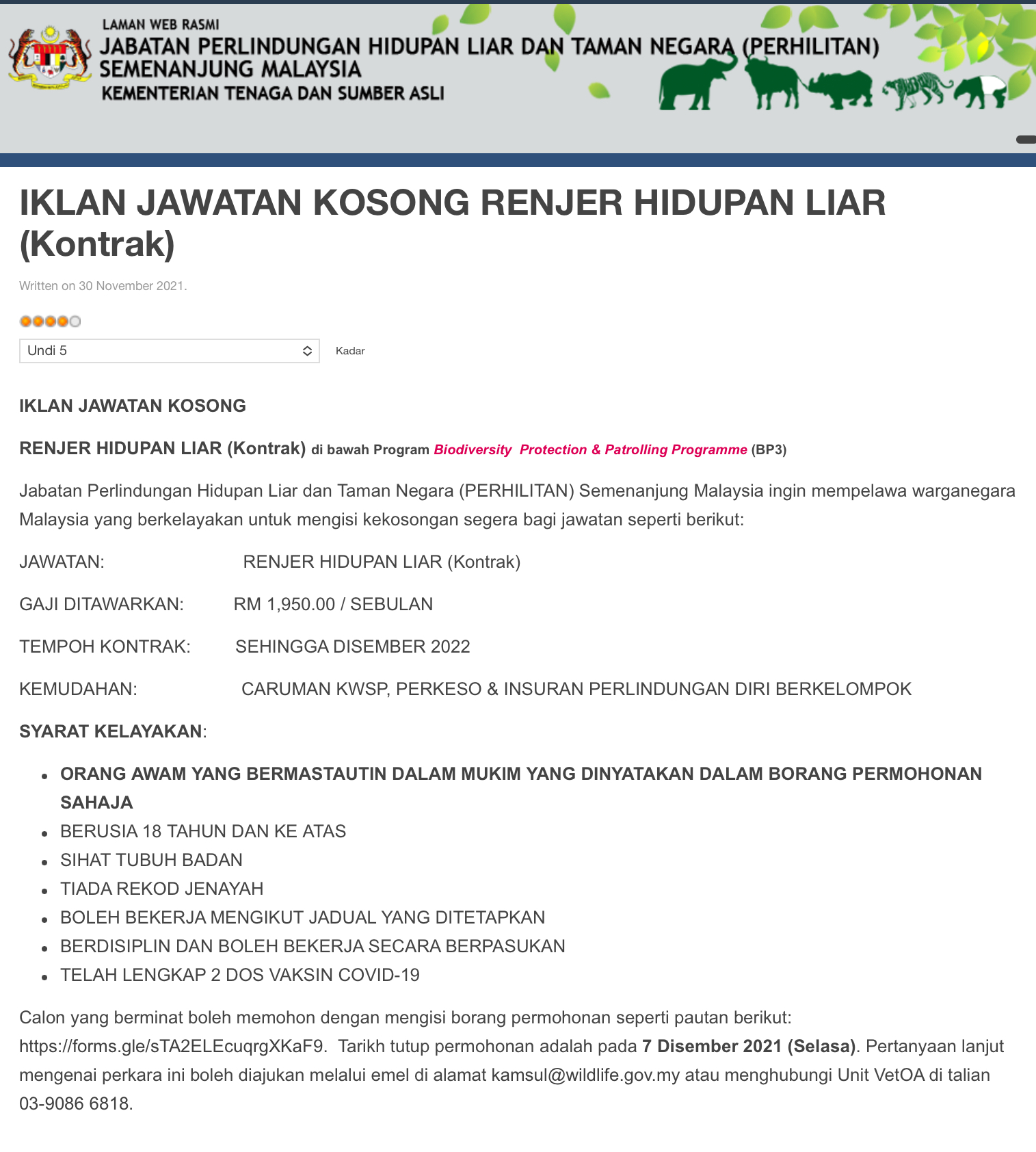 Kerja Kosong Di PERHILITAN