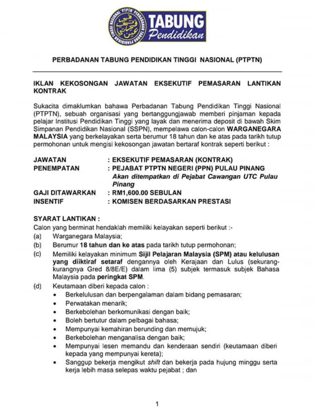 Kerja Kosong Di Perbadanan Tabung Pendidikan Tinggi Nasional 