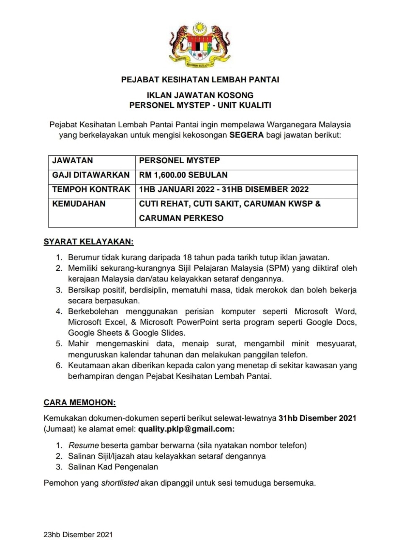Kerja Kosong Di Pejabat Kesihatan Lembah Pantai