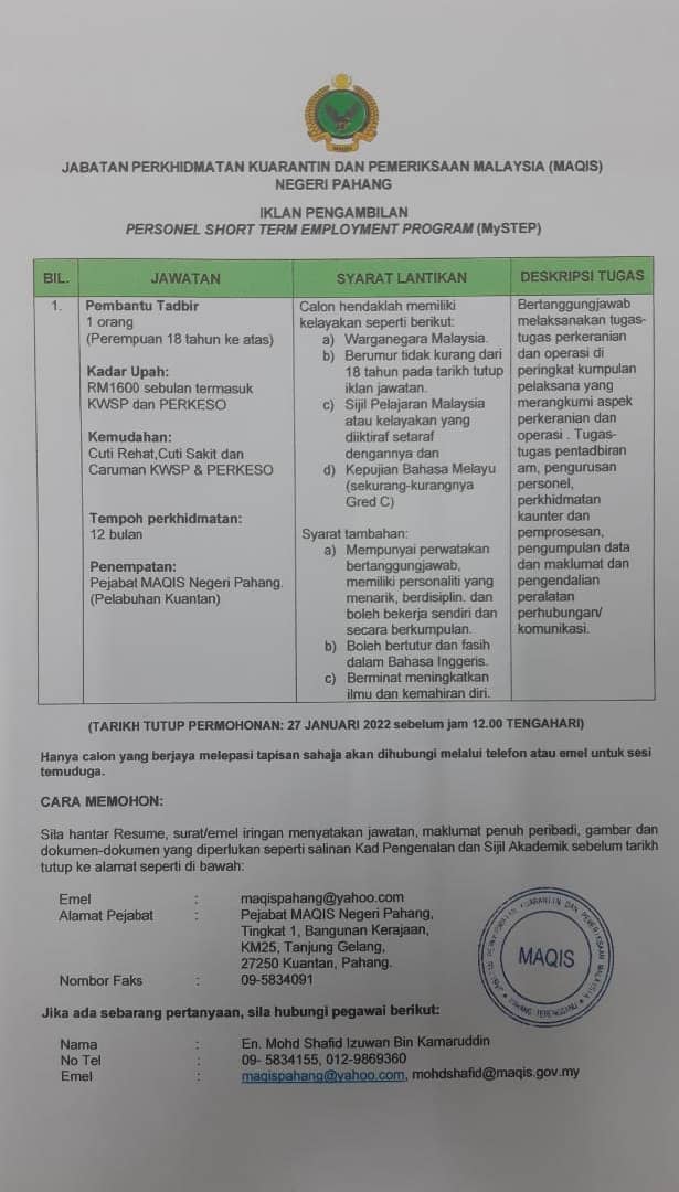 Kerja Kosong di Jabatan Perkhidmatan Kuarantin dan Pemeriksaan Malaysia (MAQIS)