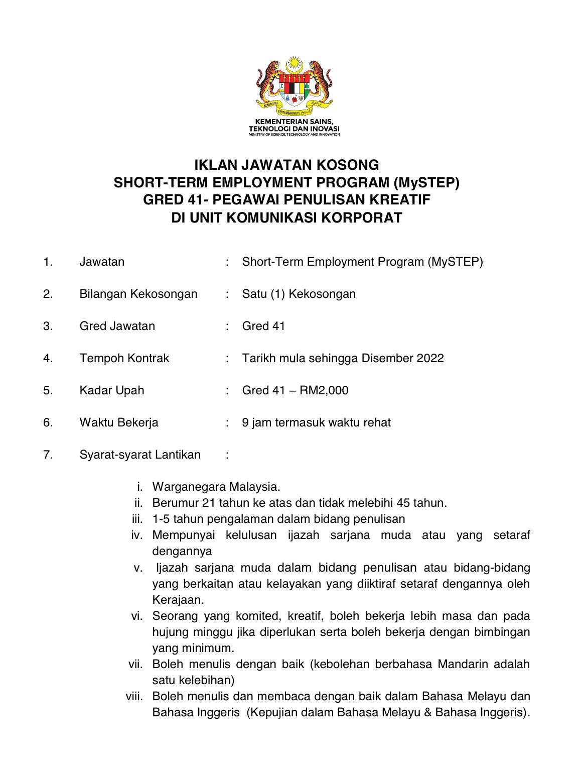 Kerja Kosong Di Kementerian Sains Teknologi & Inovasi 