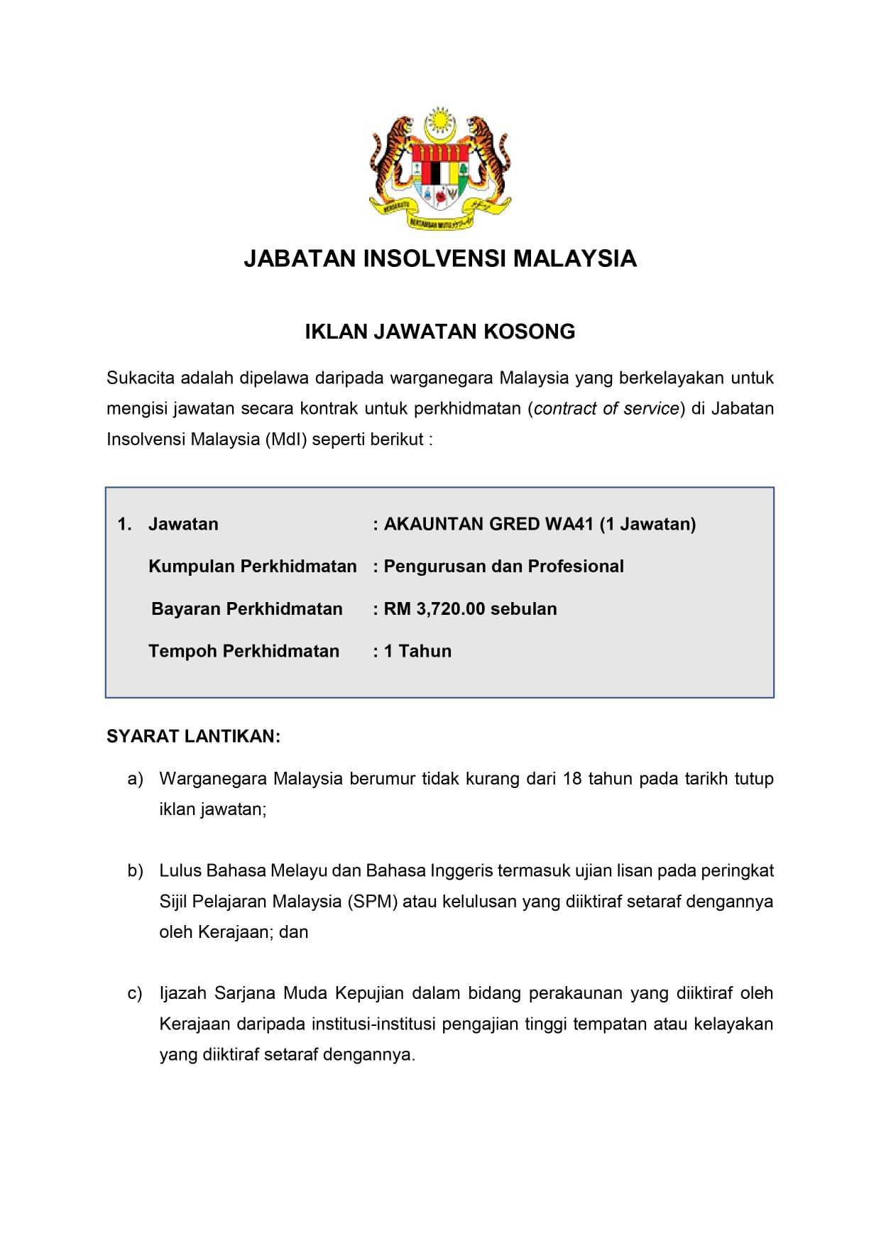 Kerja Kosong Di Jabatan Insolvensi Malaysia 