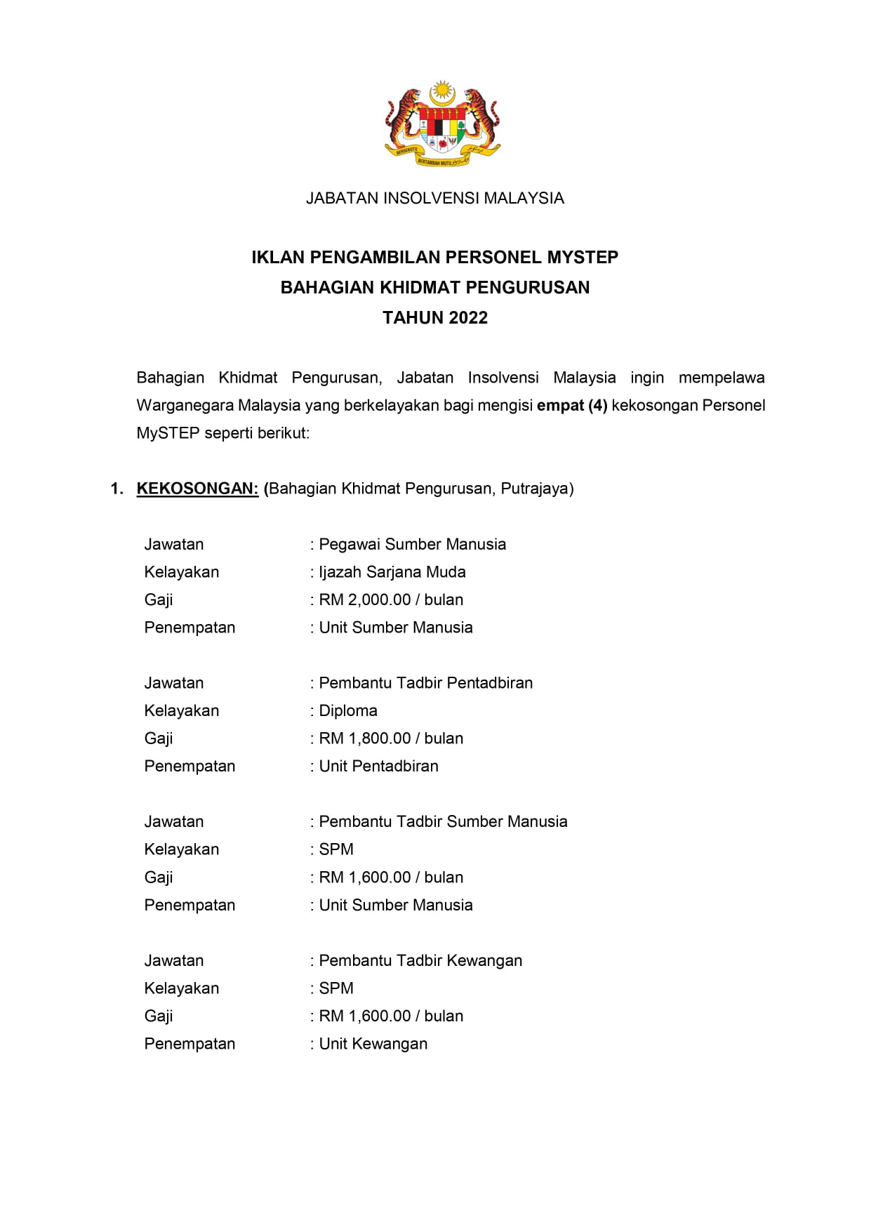 Kerja Kosong Di Jabatan Insolvensi Malaysia 