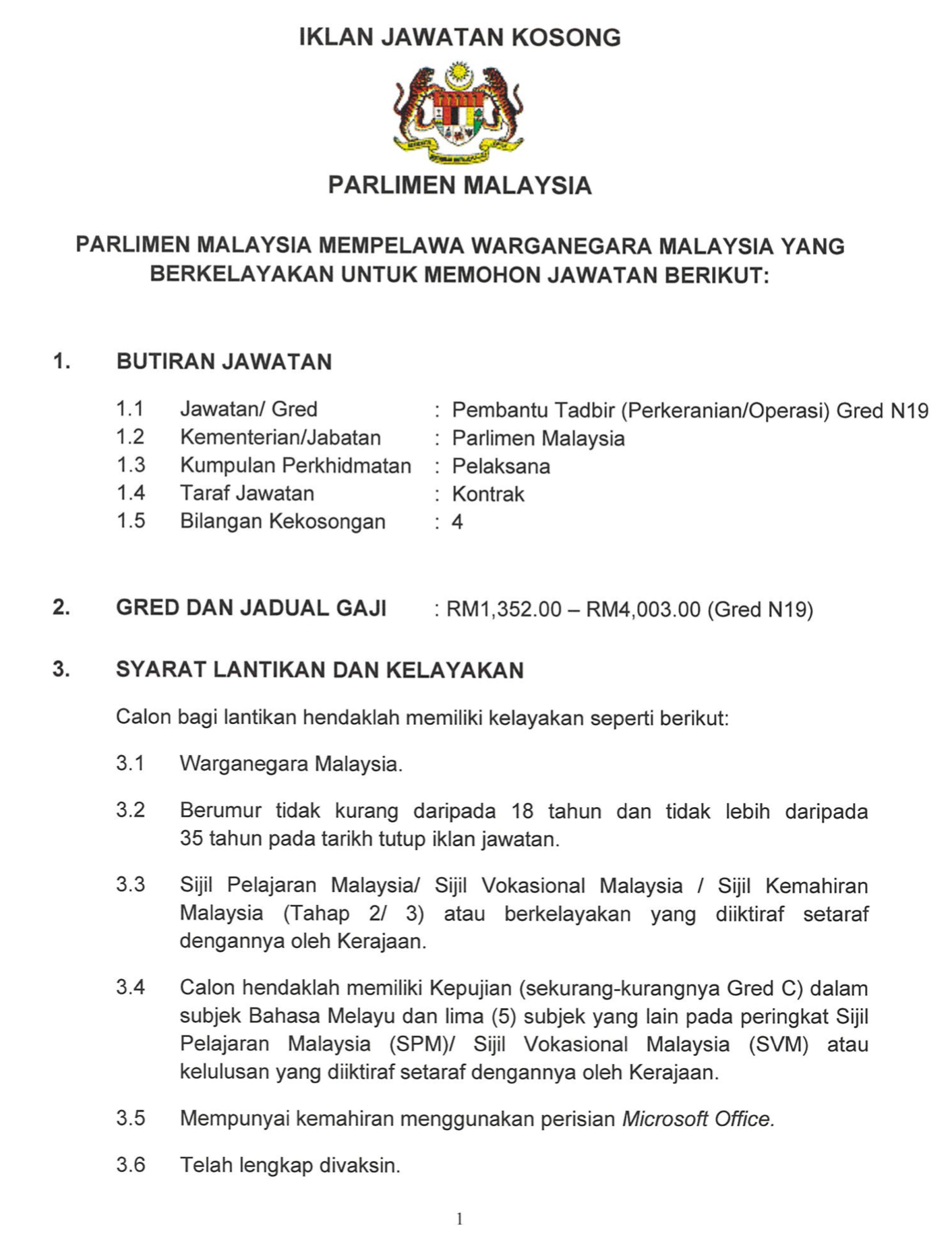 Kerja Kosong Di Parlimen Malaysia