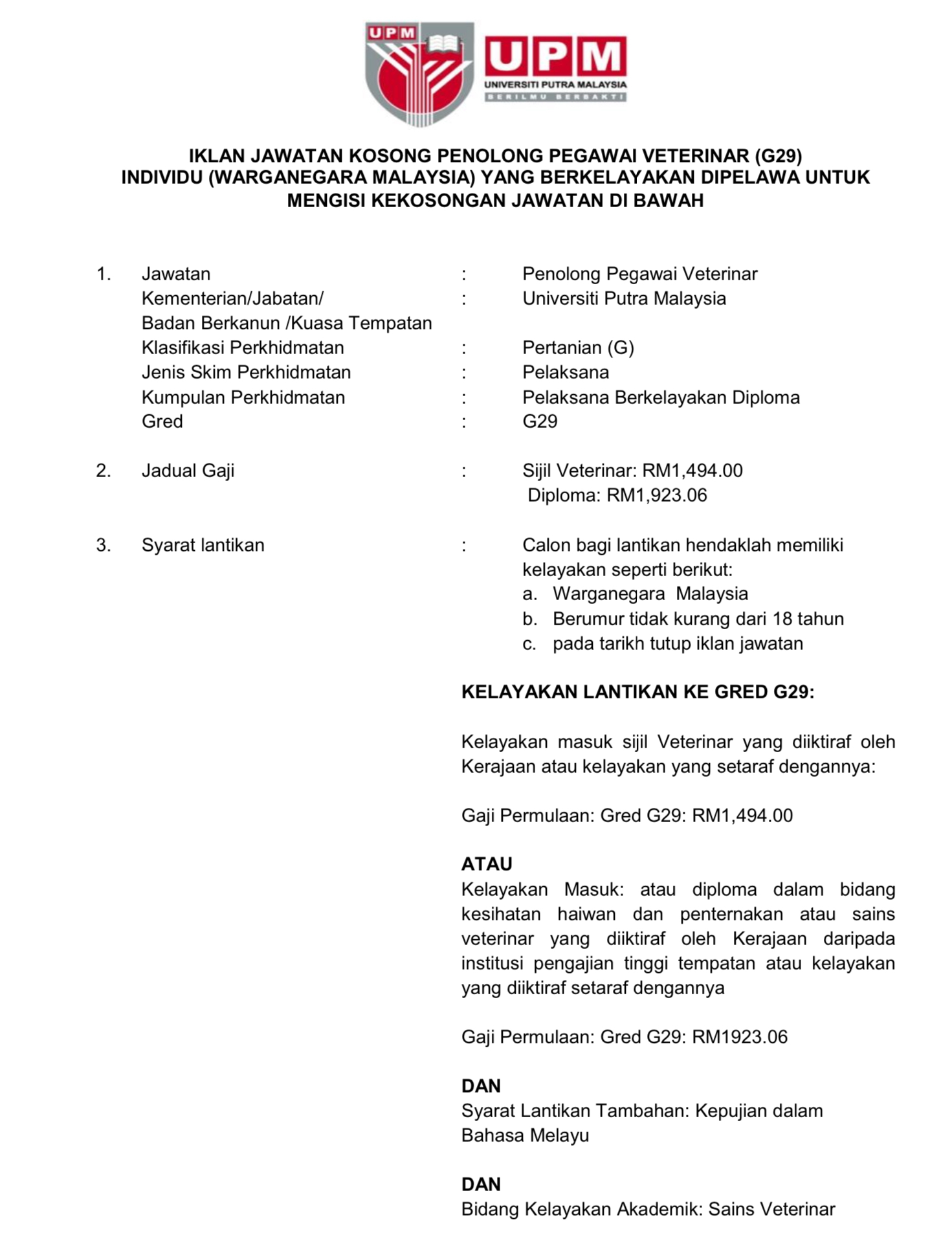 Kerja Kosong Di Universiti Putra Malaysia