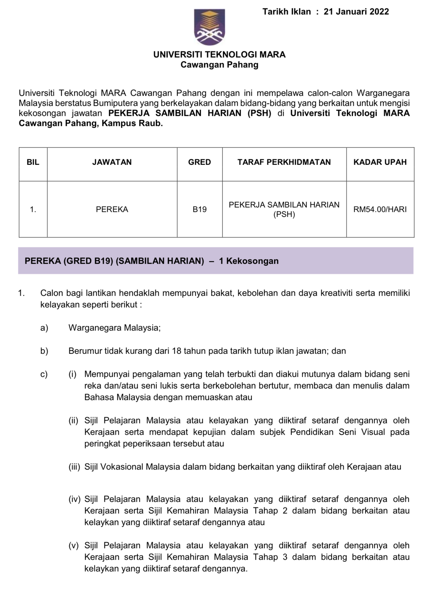 Kerja Kosong Di Universiti Teknologi MARA 